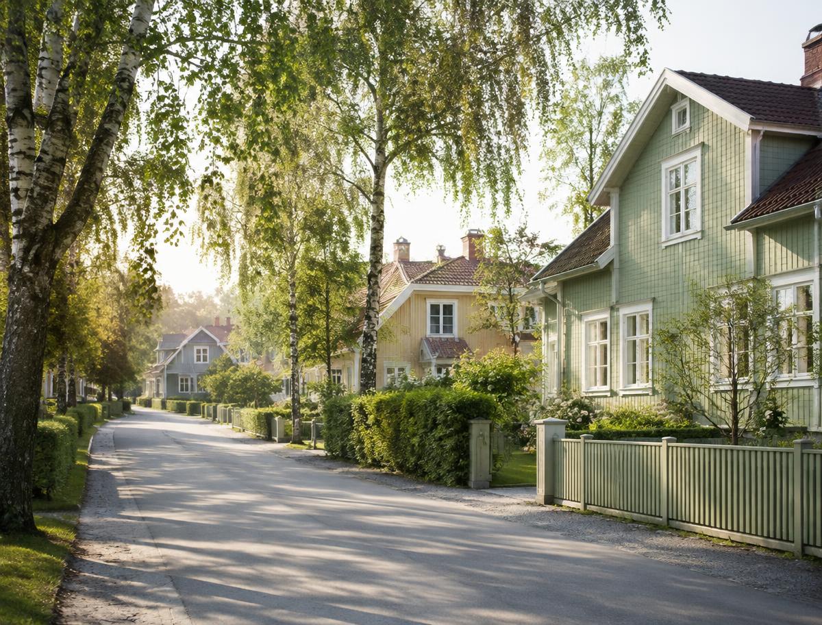 Villagata med trähus och björkar – illustrativ bild